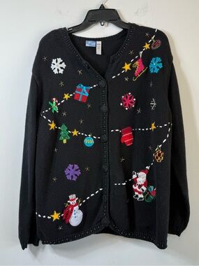 Holiday Editions Black Christmas Cardigan XL Embroidered Ugly Sweater Beaded